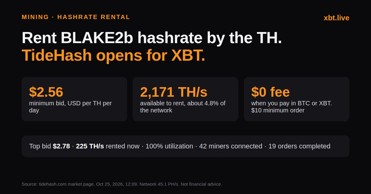 TideHash market: minimum bid $2.56 per TH per day, 2,171 TH/s available, no fee in BTC or XBT